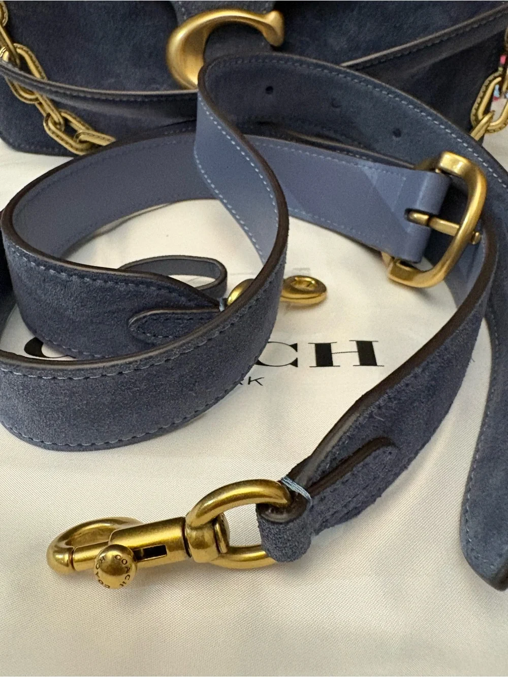 Coach Suede Chain Tabby Shoulder Bag in Navy with Gold Hardware